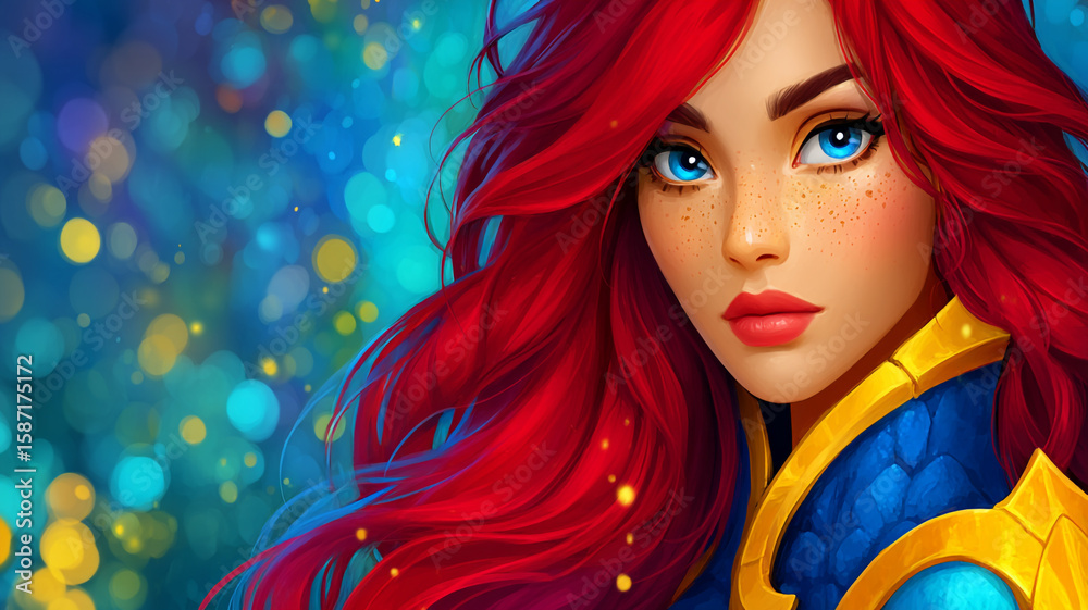 Obraz premium A beautiful fantasy woman with long red hair and blue eyes