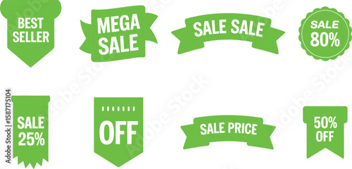 Collection of green promotional sale tags and banners. A set of retail labels and stickers with various discount offers.
