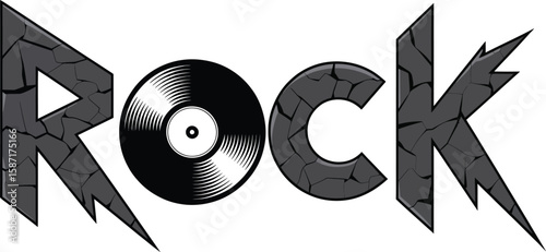 Stylized illustration of the word ROCK, with letters designed as cracked stone and the letter O as a vinyl record.
