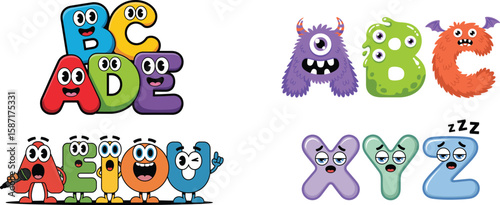 A collection of animated alphabet letters for children. Four sets of colorful characters including monsters, singing vowels, and sleepy letters.
