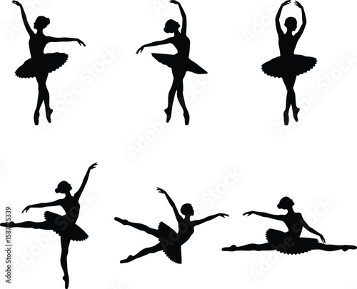 Collection of black silhouettes showing a graceful ballerina in various classical ballet dance poses.
