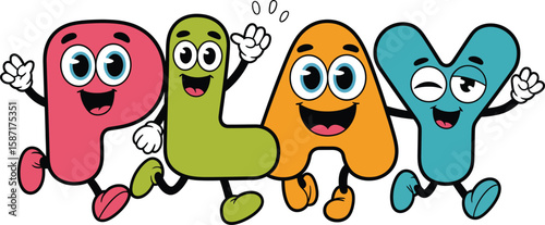 Lively cartoon letter characters spelling the word PLAY. A colorful and cheerful illustration for kids, fun, and recreation, isolated on a white background.
