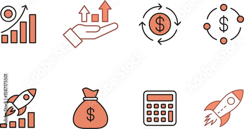 Business growth and startup finance thin line icons. A collection of symbols for investment, profit, and success on a white background.
