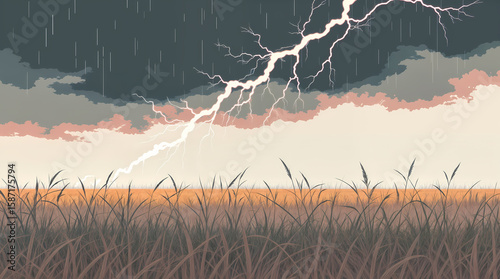 Dramatic lightning storm over prairie grassland with dark storm clouds