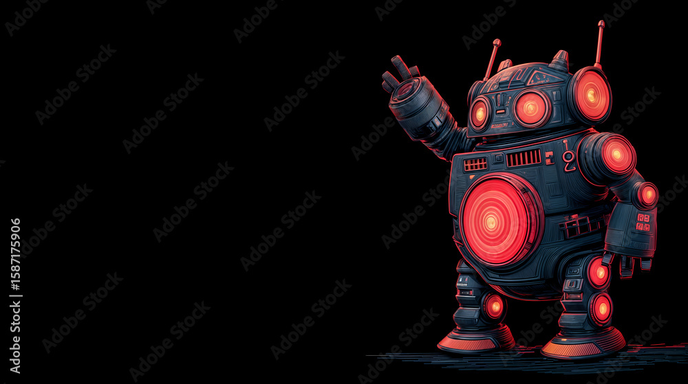 Obraz premium Retro robot with glowing red lights on black background in vintage style