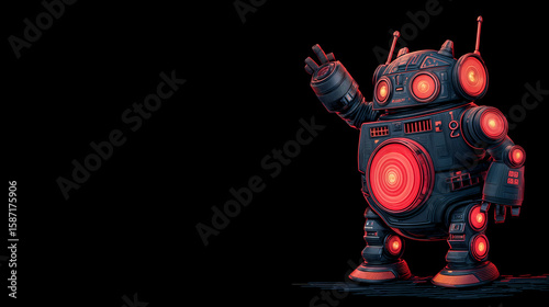 Retro robot with glowing red lights on black background in vintage style