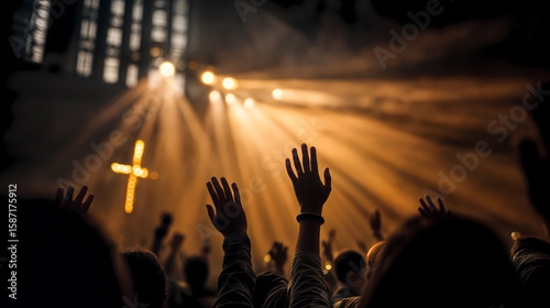 Spiritual worship scene with raised hands and cross in golden cathedral light