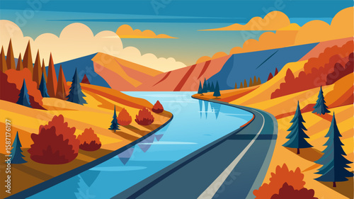 The scenic highway passes by a tranquil river its calm waters reflecting the colorful autumn foliage that lines its banks.