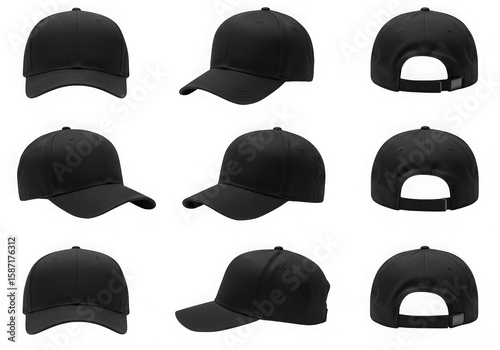 Black baseball cap mockup different views isolated on transparent background
