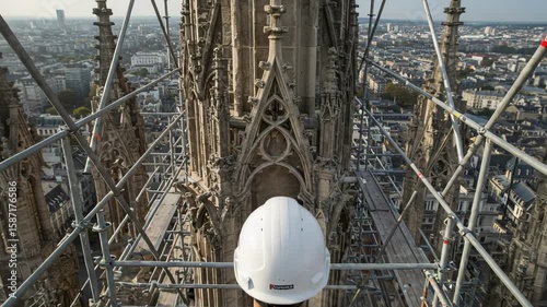 Rear view of an engineer in a white helmet standing on scaffolding, inspecting an old cathedral spire with a city view.