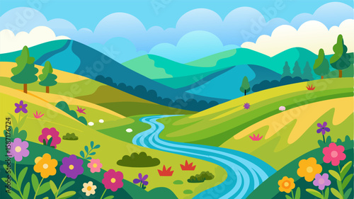 The rolling farmlands are a picture of tranquility with colorful wildflowers covering the fields and a peaceful stream winding its way through the valley.