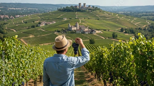 A winemaker in a hat inspects a bunch of ripe grapes. Scenic view of a vineyard on rolling hills with a historic castle in the background.