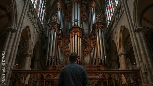 Man from behind looking up at a magnificent pipe organ in a grand historic cathedral. Person admiring classical music instrument in a church.