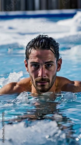 Ice bath recovery - athletic man submerged in ice water, taking a cold plunge to help muscle recovery