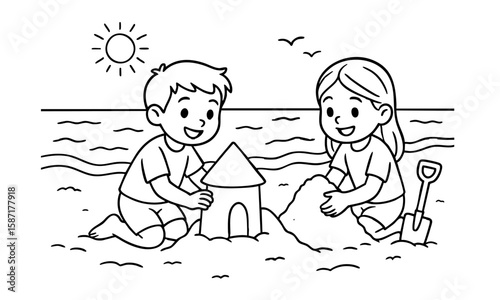 kids playing a sand in the beach coloring page for children