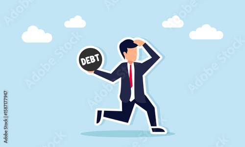 Businessman running and about to throw a ball labeled debt, illustration of handling obligation to repay business debt
