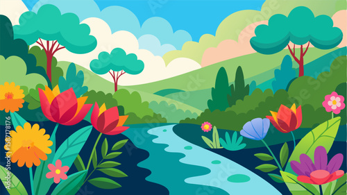 The riverbank is lined with vibrant flowers of all shapes and sizes creating a colorful display against the backdrop of lush greenery.