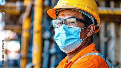 Laborer with protective mask, engaging in construction activities 