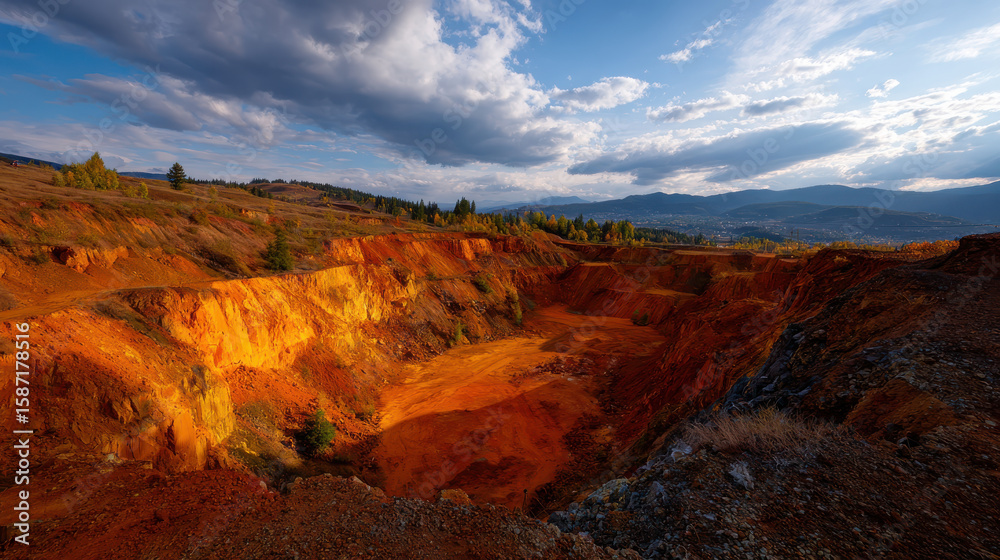 Obraz premium Aerial view of expansive copper mine showcasing vibrant orange hues under dramatic sky, evoking sense of wonder and scale