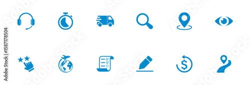 Solid vector icons containing delivery truck, search, invoice, refund, customer support, rating, route.