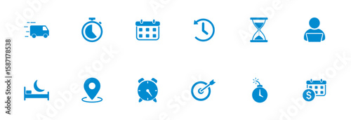 Clock, calendar, time, working, location icons. Solid vector icon set.