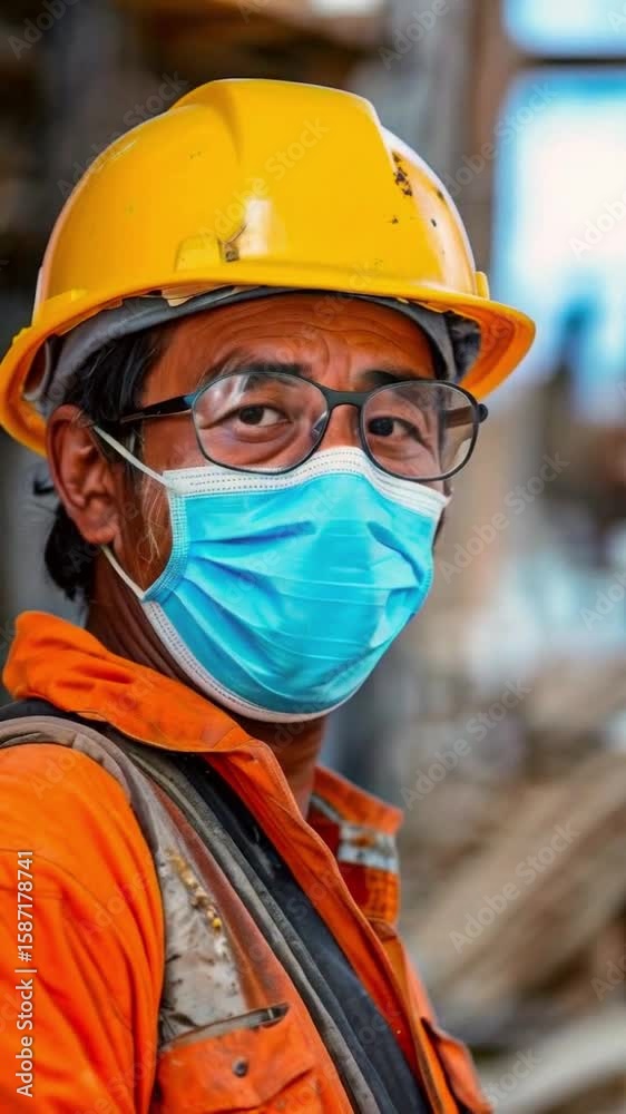 Laborer with protective mask, engaging in construction activities