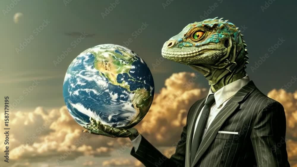 Lizard Person in suit with a model of the Earth, Lizard People conspiracy theory, artist's impression.