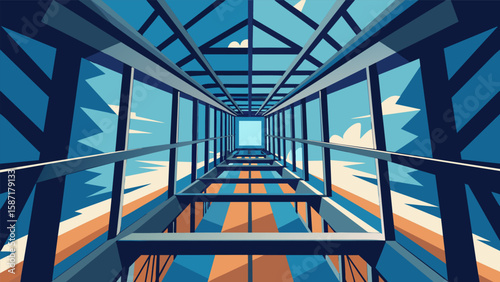 Looking up towards the sky from inside the construction site one can see an impressive network of steel beams forming the skeleton of a future skyscr.. Vector illustration