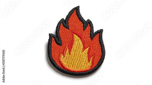 Embroidered Red And Orange Flame Patch On White Background