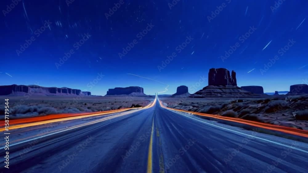 Long exposure of a deserted desert road at night with a car's headlights illuminating the path