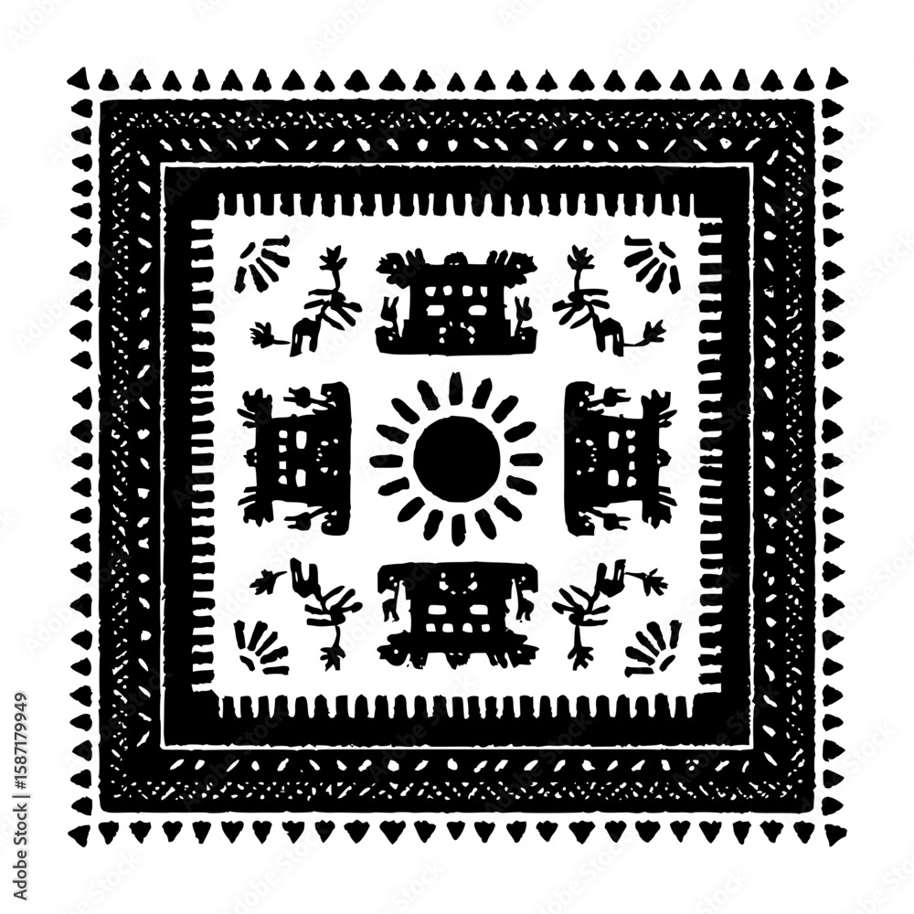 Obraz premium Isolated Warli Filled Rectangle black white on plain background
