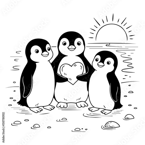 Three friendly penguins sharing a heart on a beach at sunrise.