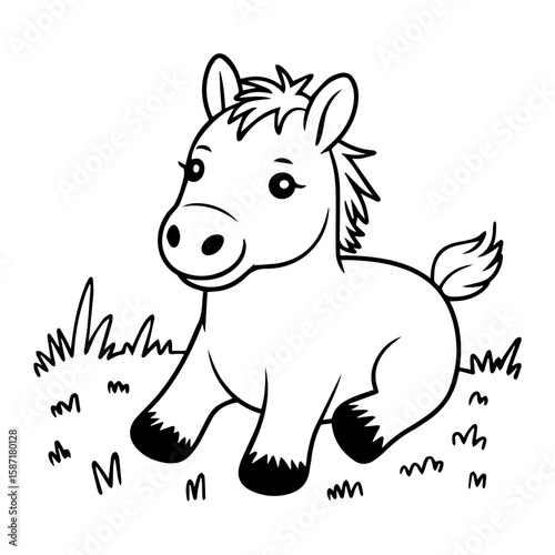 Adorable cartoon foal sitting peacefully in the grass.