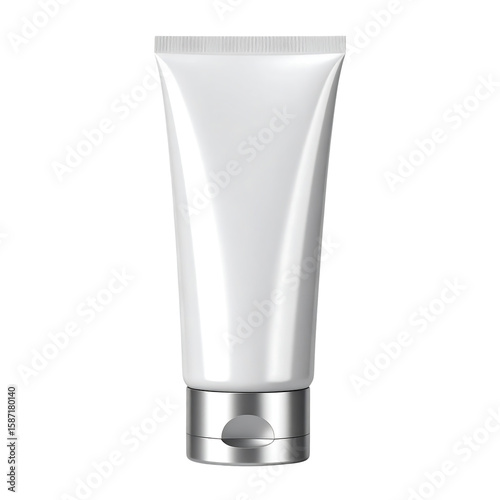 A pristine white cosmetic tube with a silver cap, isolated on transparent background. Selfcare and beauty product clipart.