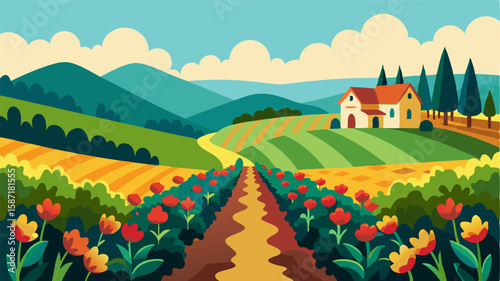 The vineyard is a burst of color in the otherwise muted countryside with vibrant flowers lining the paths and surrounding the farmhouse.