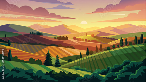 The view from the top of the vineyard reveals a breathtaking expanse of rolling hills and valleys all blanketed by the soft glow of the sunset.