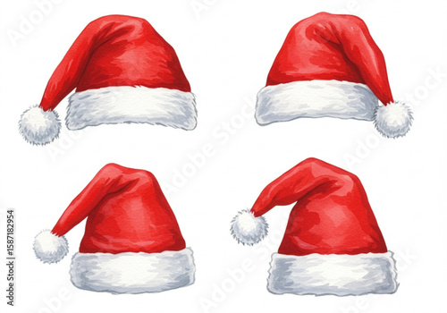 Four watercolor santa claus hats with white trim and pom poms on white background