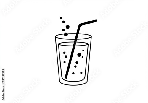 Simple black and white line art icon of a glass with a straw and bubbles