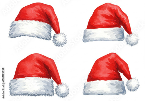 Watercolor painting of four red santa hats with white fur trim and pom poms