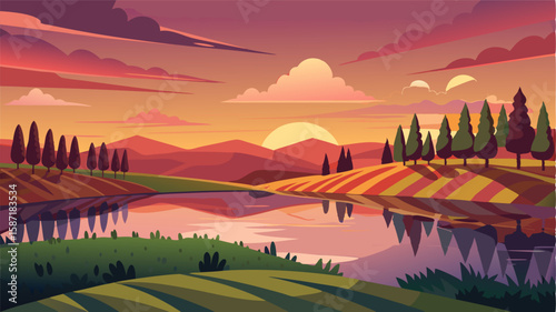 The warm colors of the sky reflect off the calm waters of the nearby pond creating a picturesque scene at the heart of the vineyard.