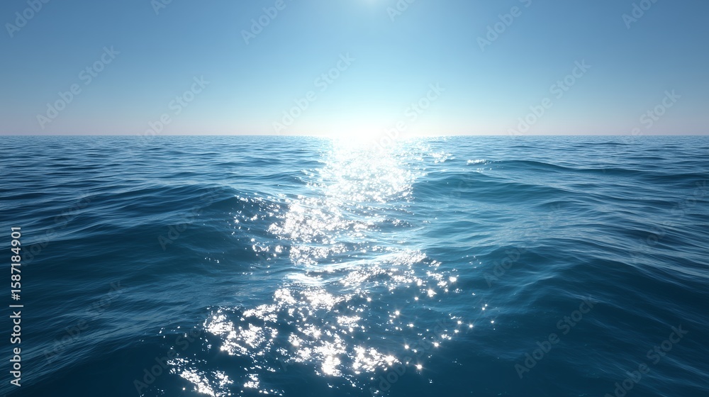 Obraz premium Bright sunbeams illuminating serene blue ocean waves creating a shimmering path towards the horizon line, concept for tourism advertising, environmental documentaries, peaceful meditation visuals