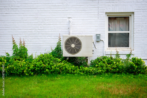 mini split air conditioner / heat pump exterior unit mouted ground floor  brick wall white of older apartment building green vegetation shot toronto beaches in summer room for 