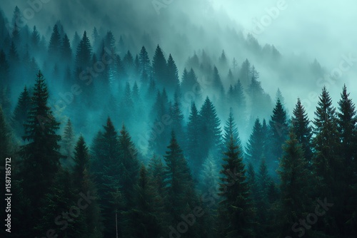 Misty evergreen forest canopy looms shrouded in atmospheric fog high on mountain slopes, concept for nature publications, travel brochures and environmental conservation campaigns