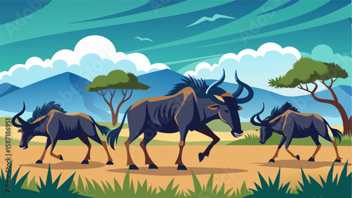 The rhythmic sound of wildebeest hooves pounding across the grassland as they embark on their annual migration.