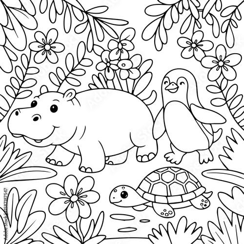 A hippopotamus, penguin, and turtle stroll through a lush, flowering jungle.