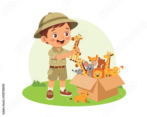 Happy Boy Explorer Unpacking Safari Animal Toys in Box flat vector