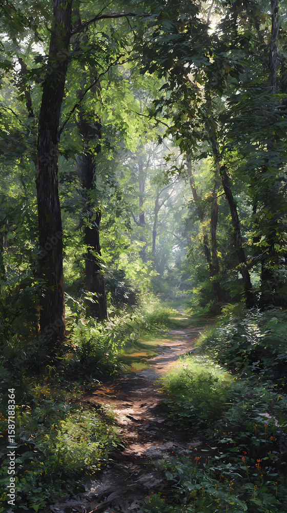 Obraz premium Serene Forest Walking Trail with Sunlit Path and Lush Green Foliage Inviting Exploration