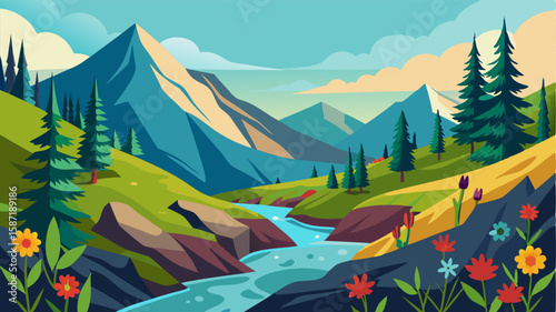 The rugged terrain of the mountain forest is dotted with colorful wildflowers and hidden streams making it a picturesque landscape for hikers and nature enthusiasts.