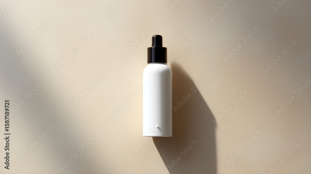 Top View White Dropper Bottle with Black Cap on Beige Surface Top View White Dropper Bottle with Black Cap on Beige Surface