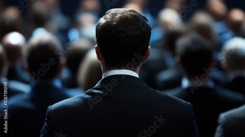 Man in suit, audience, conference, presentation, back view, business, seminar, event, leadership, success